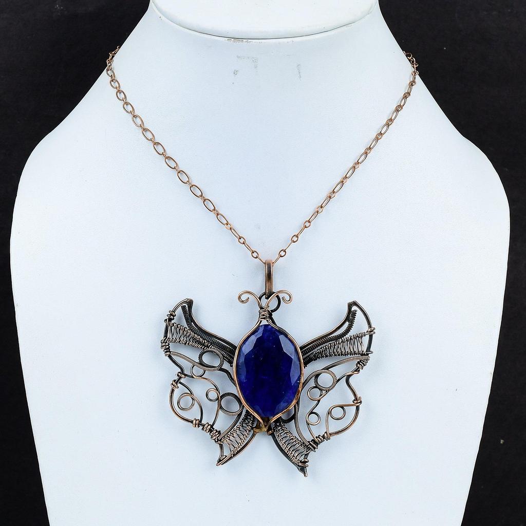 Faceted Blue Sapphire Pendant Copper Wire Wrapped Handmade Pendant Butterfly Pendant Gemstone Copper Jewelry Gift For Him Wire Wrap Jewelry