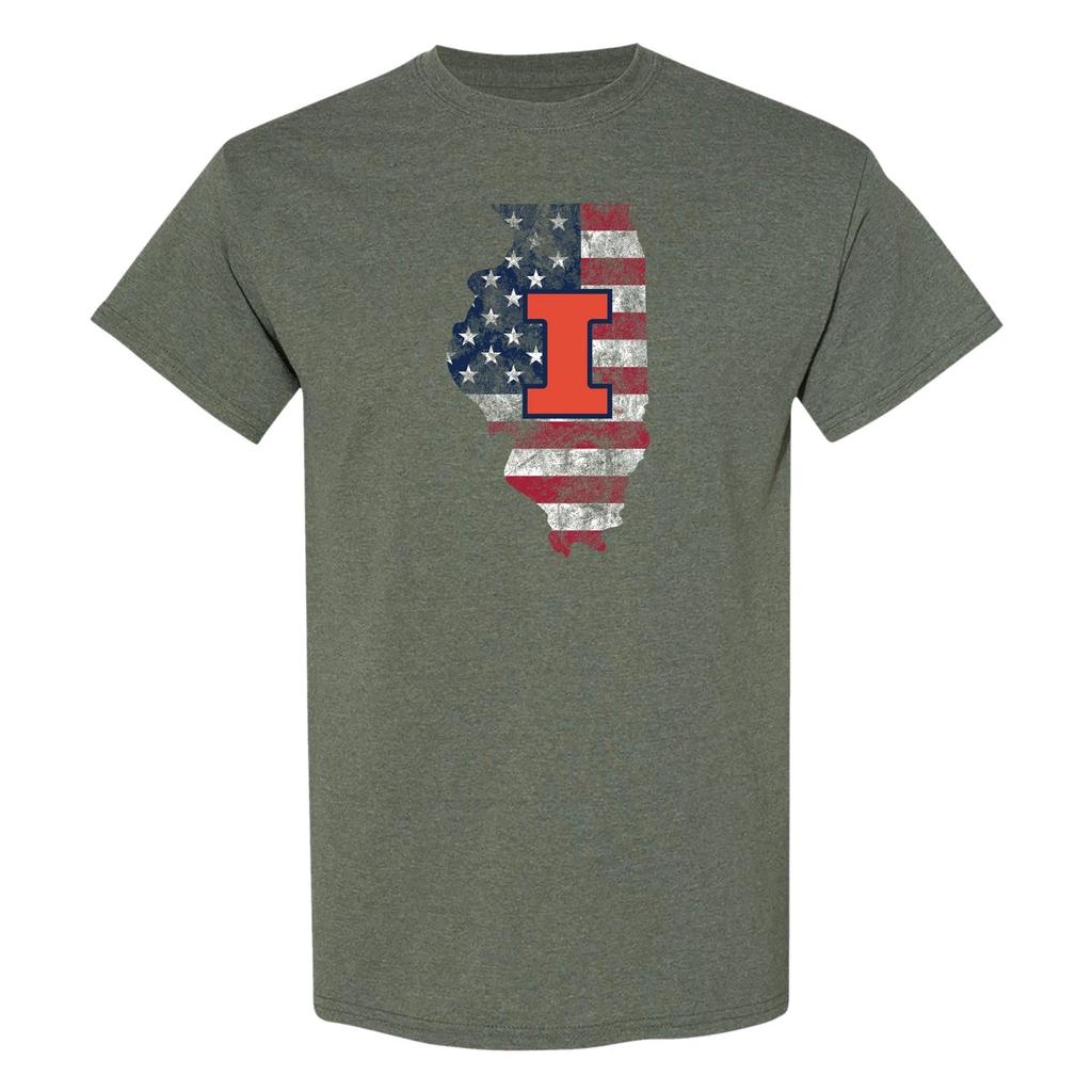 Illinois Patriotic State Silhouette T-Shirt - Heather Military