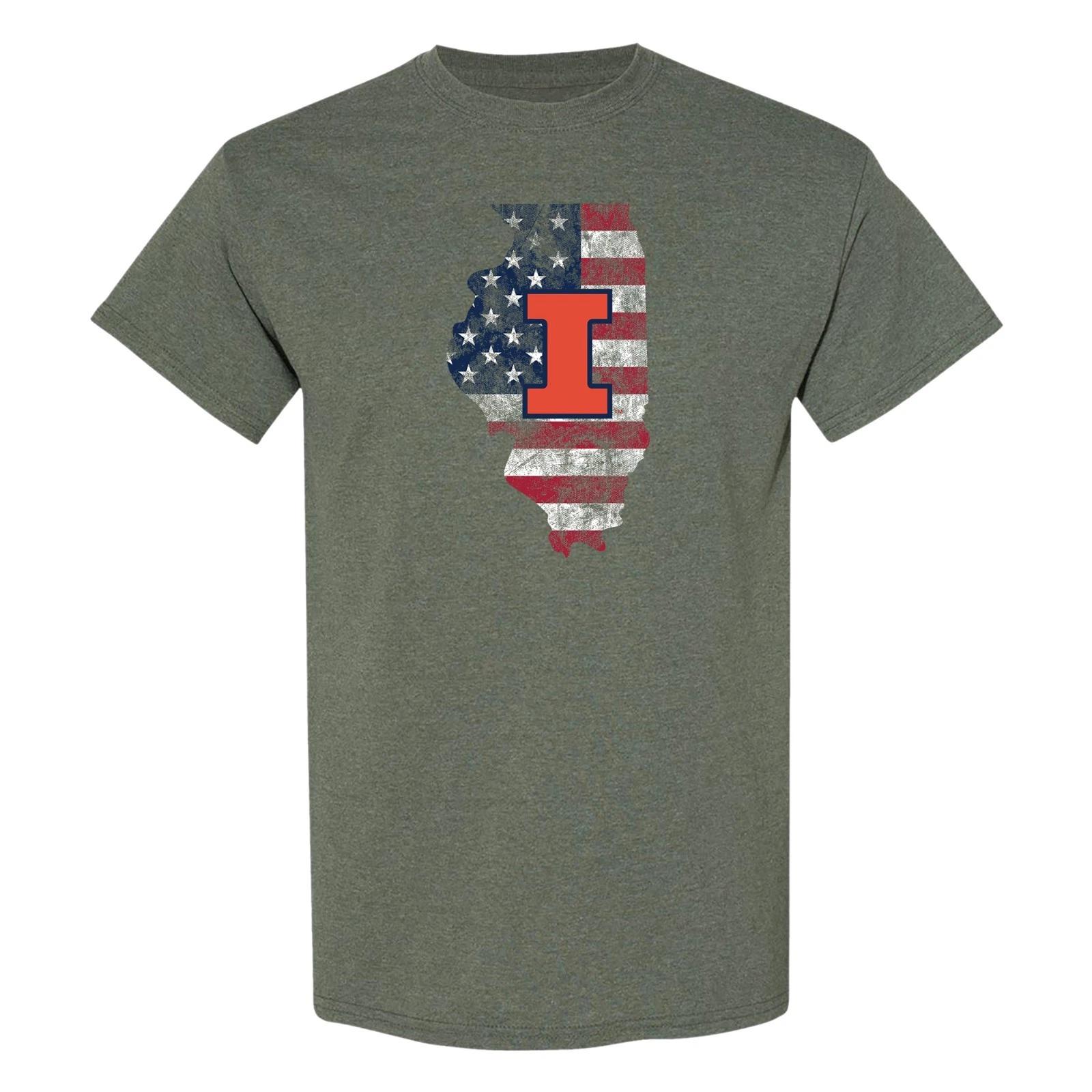 Illinois Patriotic State Silhouette T-Shirt - Heather Military 3XL