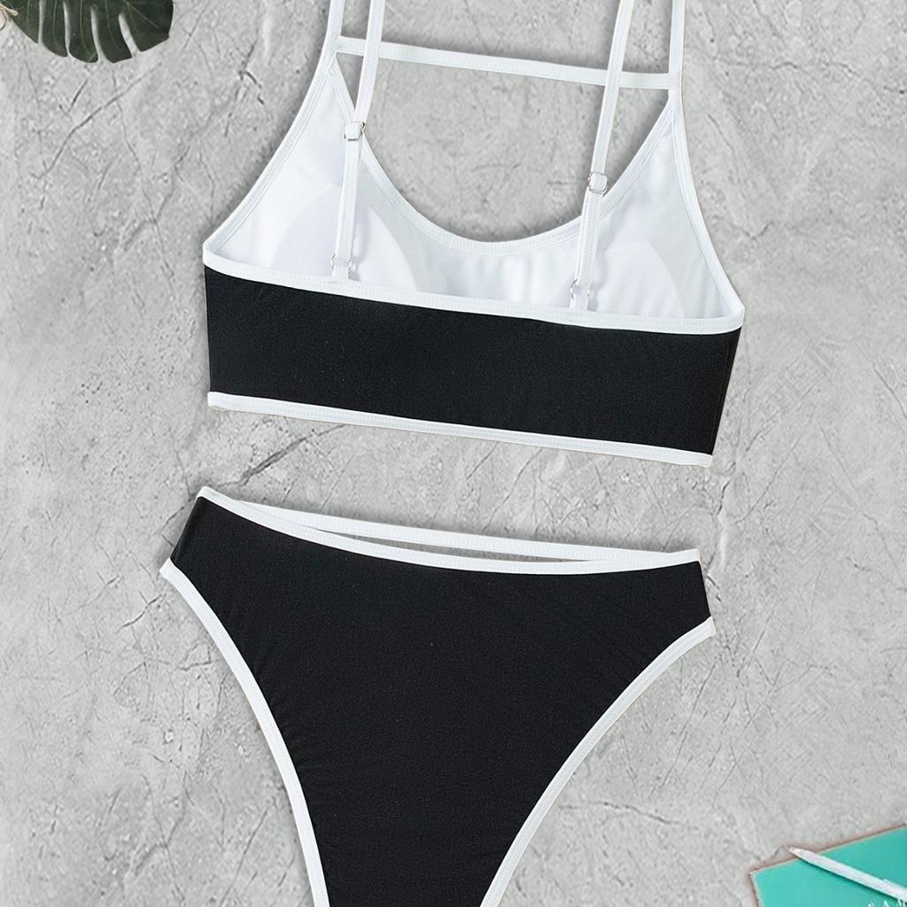 Ny Europeisk Och Amerikansk Stil Kontrasterande Färger Tunn Kantad Väst Dam Baddräkt Sexig Ihålig Bikini