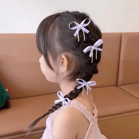 2Pcs Hairpin Soft Ribbon Bowknot Decor Smooth Edges No Hair Pulling Rhinestone Bow Chain Tassels Hair Clip Kids Hair Accessories