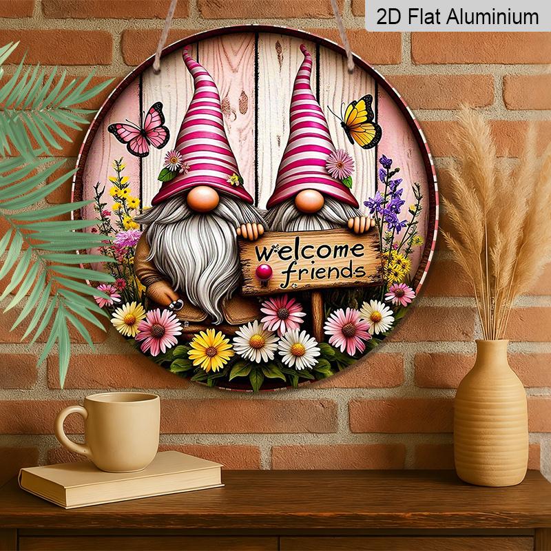 2D Flat Print, 1pc Metal Aluminum Sign, Whimsical Gnome Garden Wall Art with "Welcome Friends" Sign, Colorful Flowers & Butterflies, Rustic Decor for