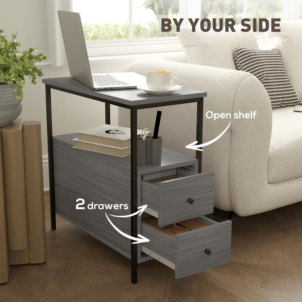 Side Table, Narrow Bedside Table with 2 Drawers and Storage Shelf, Industrial End Table with Metal Frame for Small Spaces, Grey Wood Grain