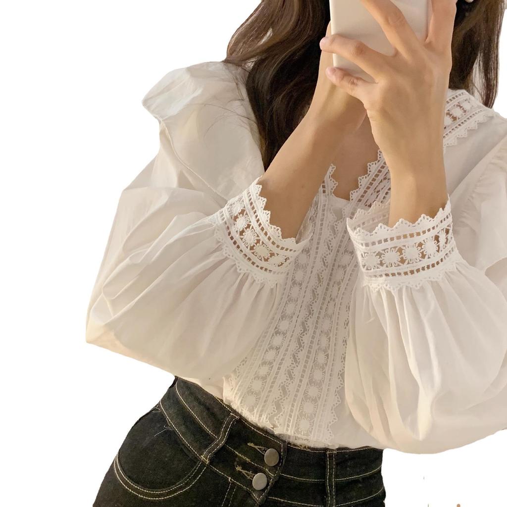 Korean-French Lace V-Neck Ruffle Puff Sleeve Blouse