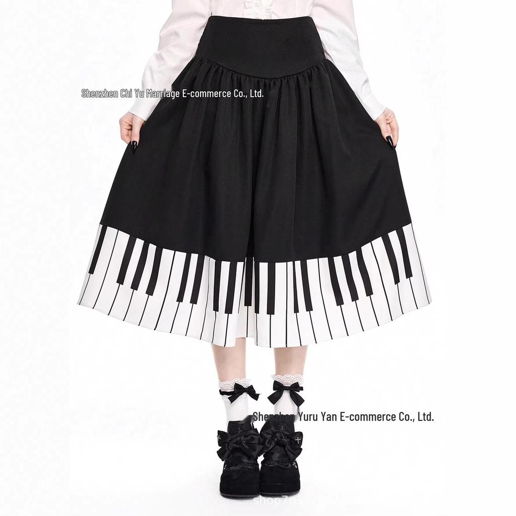 European & American Women's Retro Piano-Pattern High Waist Pleated Skirt - Black & White Short Slimming Design for Summer.