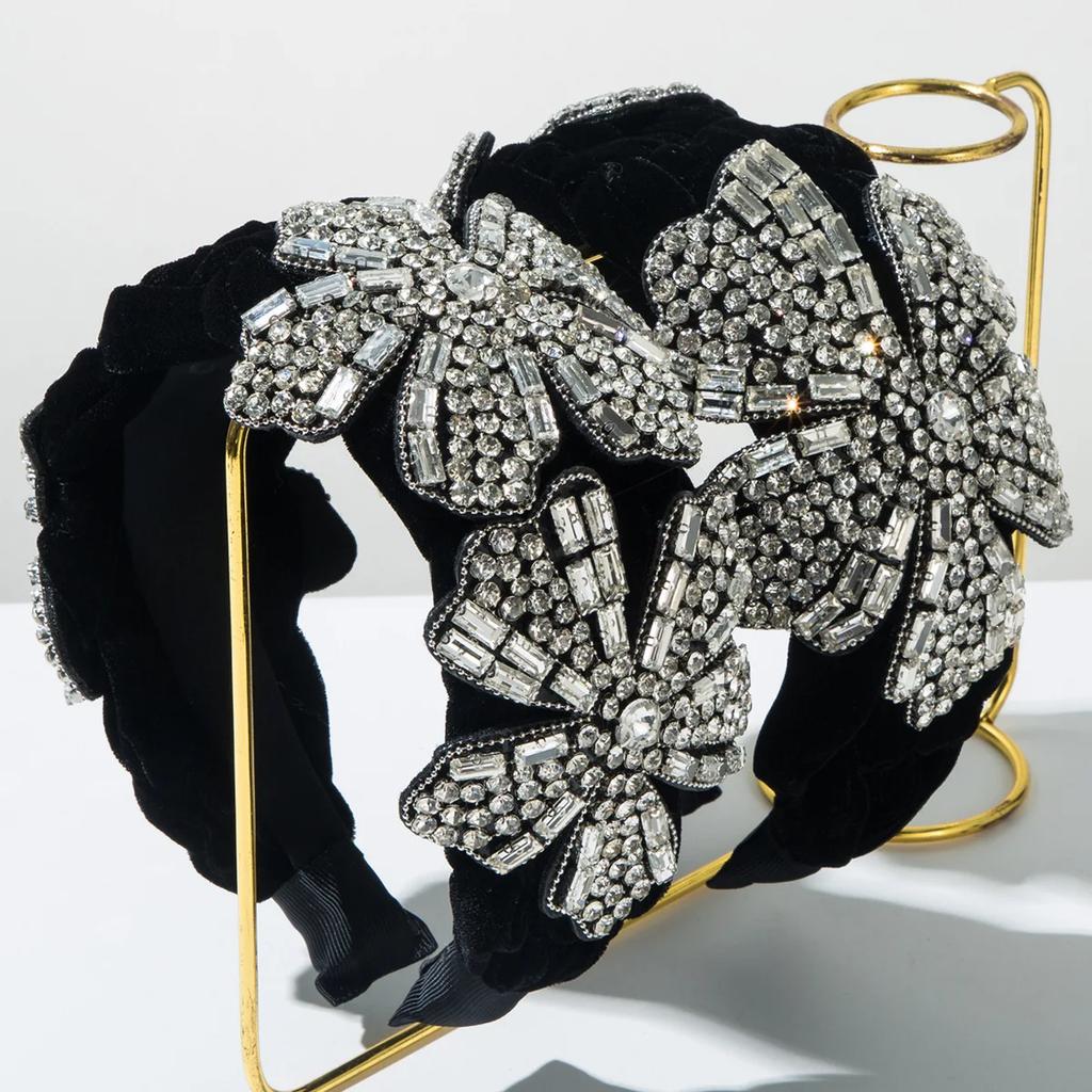 Flannel Woven Three Flowers Inlaid with Rhinestones Super Flash Headband Banquet Elegance Enlarged Widened Hair Accessories