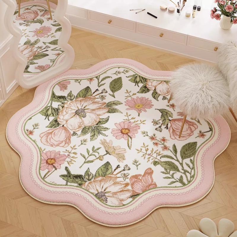 Round Carpet Bedroom Bedside Floor Mat Pink Floral Minimalist Luxury Rug Soft Fluffy Irregular Rugs Home Decoration Alfombra