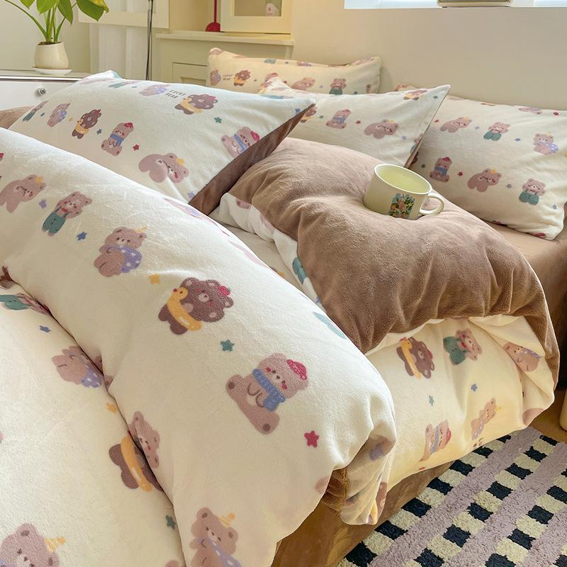 Thickened Milk Fleece Bed Four-Piece Set Warm Coral Fleece Bed Sheet Quilt Cover Three-Piece Bedding