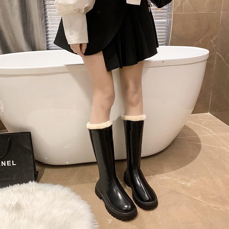 Thickened long tube boots for autumn and winter, new European and American style fashion, with velvet back zipper and frayed mouth, boots for women