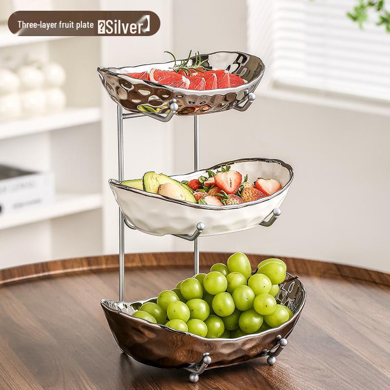Elegant Multi-Layer Ceramic Fruit Bowl with Electroplating - High-Value Dried Fruit Storage Rack