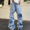 2024 Modische Retro-Jeans im Used-Look, bestickter Aufnäher für Herren, lässige Hose mit geradem Bein