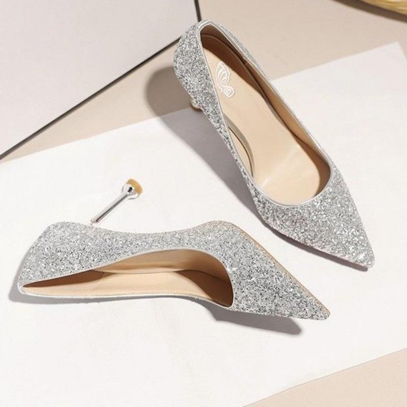 Fashion 2025 New Women Pumps Metal High Thin Heel Shallow Sexy Ladies Pointed Toe Bling Bridal Wedding Women Shoes White High Heels