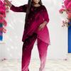 Women Plus Size Round Neck Long Sleeve Printed Layered Top Long Pants Two Piece Set