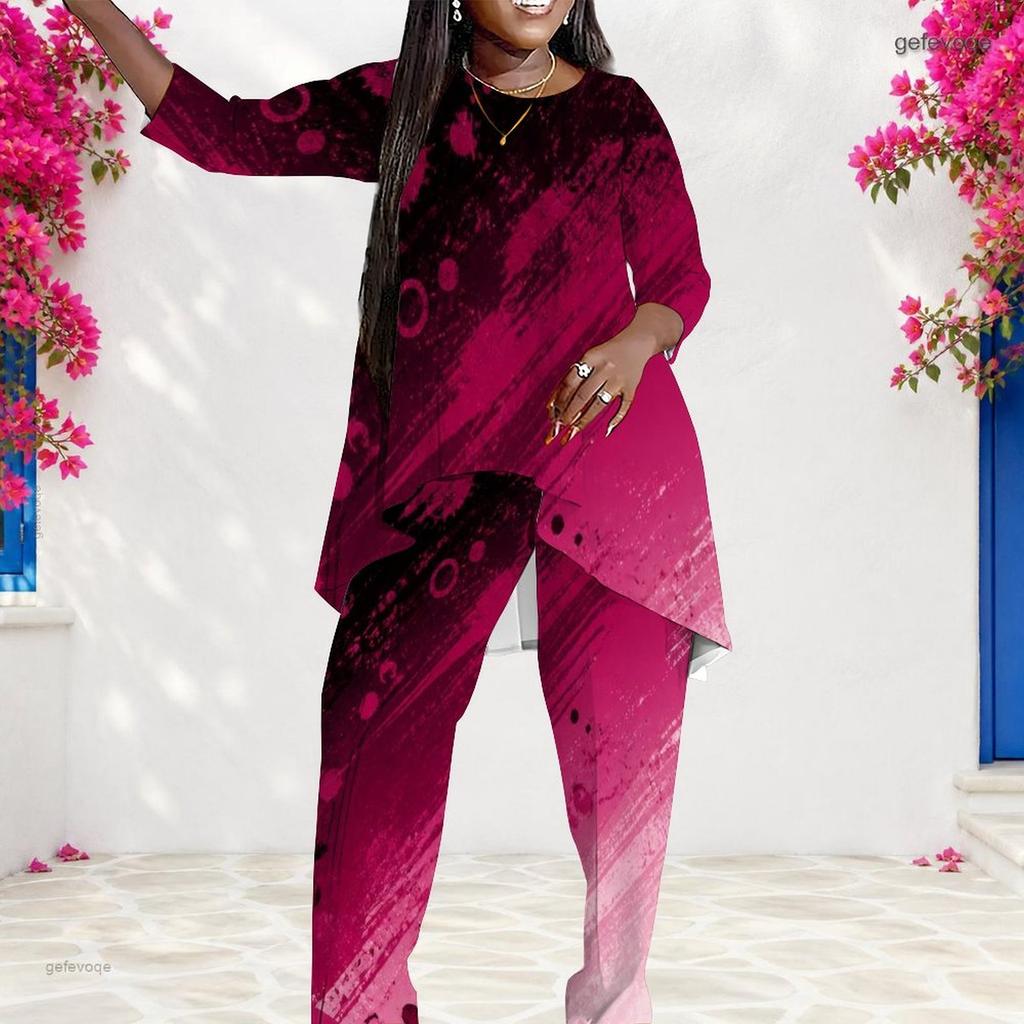 Women Plus Size Round Neck Long Sleeve Printed Layered Top Long Pants Two Piece Set