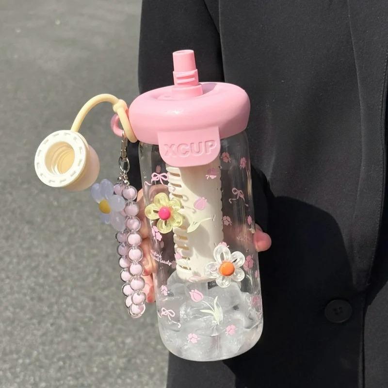 Söta Blomster Te-glas med Rosett och Sugrörsflaska Kaffekoppar för Kall Dryck Dam Glas Tumbler Juice Mjölkte Vattenavskiljare Dryckeskärl Kopp