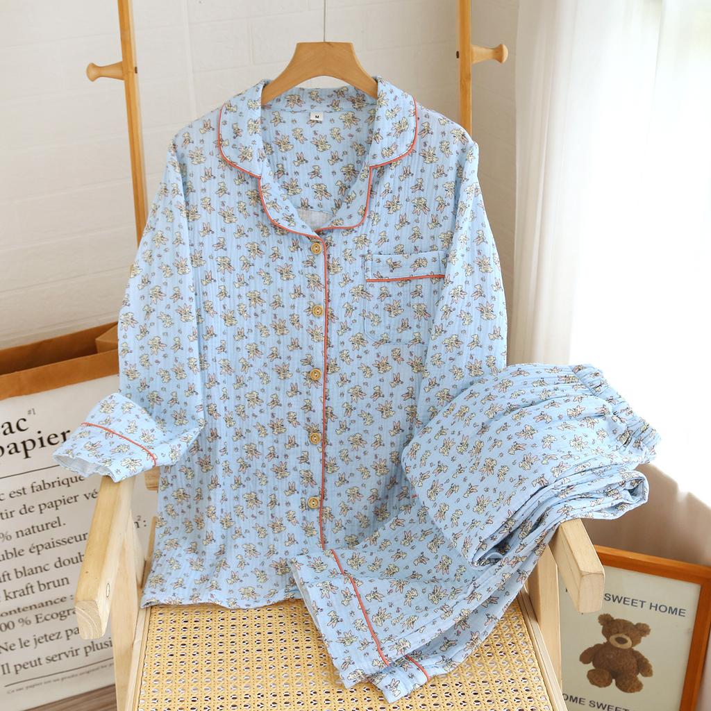Pure cotton double-layer yarn pajamas women's autumn new long-sleeved trousers loose and breathable can be worn outside loungewear two-piece set