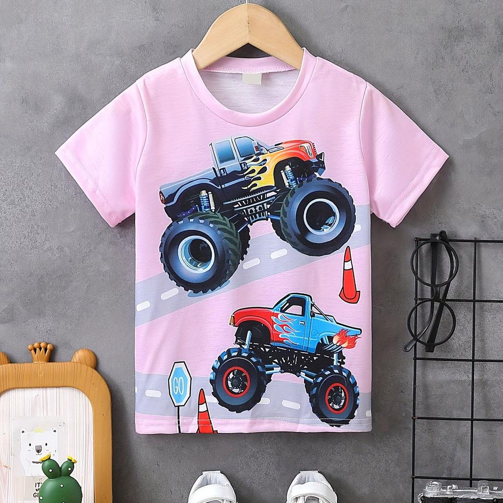 Dětské oblečení Chlapecké tričko Dívčí tričko s krátkým rukávem 3D Cartoon Truck Print Dětské letní oblečení Dětské chlapecké oblečení