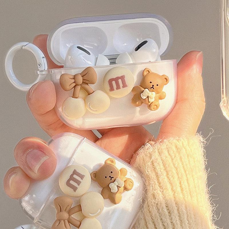 Cartoon Cherry Airpods 1 /2 Generation Cute Bear Transparent Bluetooth Headset Protective Case Cover 3 Generation Hanging Buckle Soft Pro