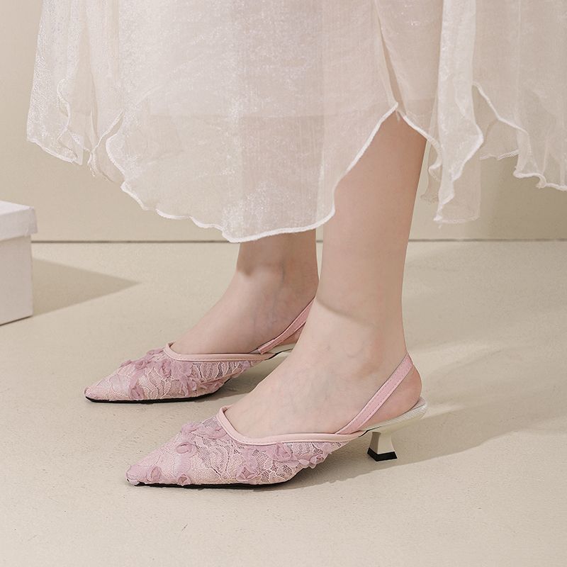 Fashion Mesh Sandals 2025 Spring/summer New Gentle Pointed Toe with a Toe and Thick Heel Half Slippers for Women