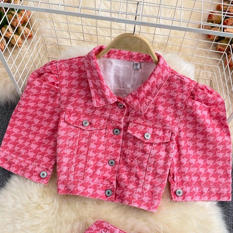 Mode Hahnentritt Anzug Damen Sommer Kurzarmhemd Unregelmäßiger High-Waist Halbrock Zweiteiliger Anzug