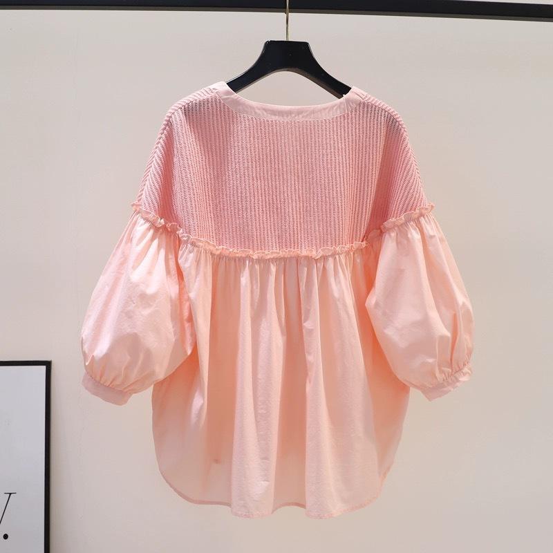 Women's Summer Loose Sweet Patchwork Shirt with Ruffled Lantern Sleeves