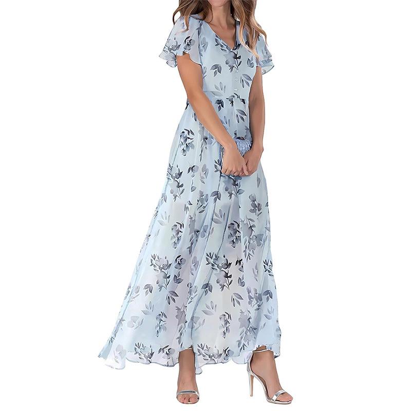 Summer long dress V-neck short-sleeved printed chiffon dress elegant temperament