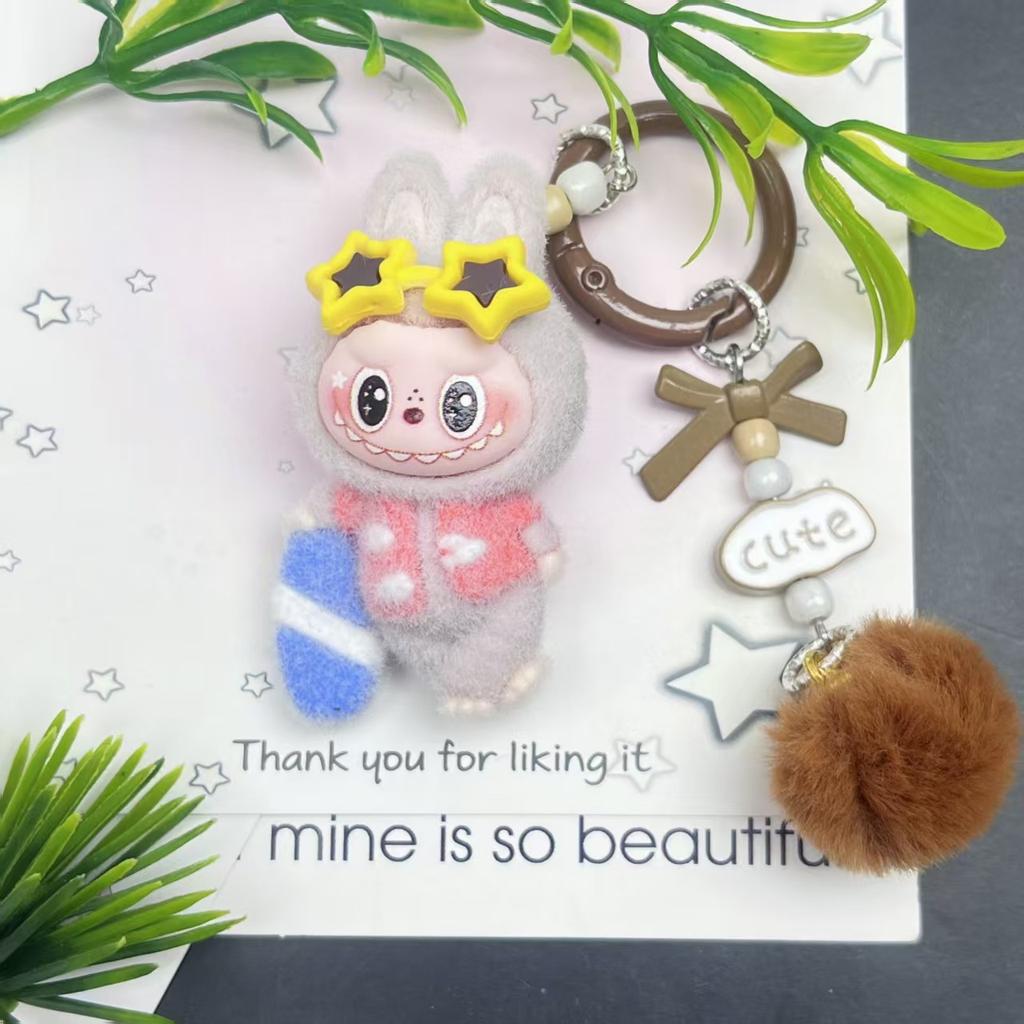 Tide Play Flocking Cute Doll Keychain Pendant Mini Car Desktop Ornament