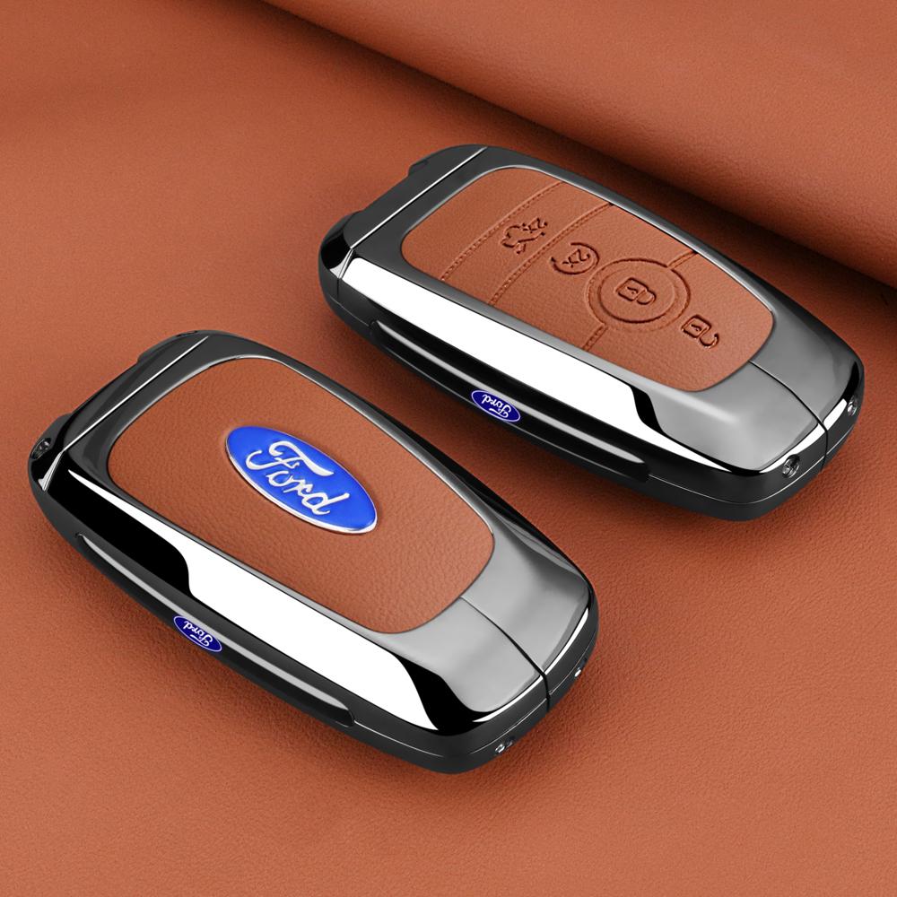 Leather Car Smart Key Case Cover Alloy Protect Shell For Ford F150 Explorer Edge Escape Mondeo Mustang Auto Accessories Sticker