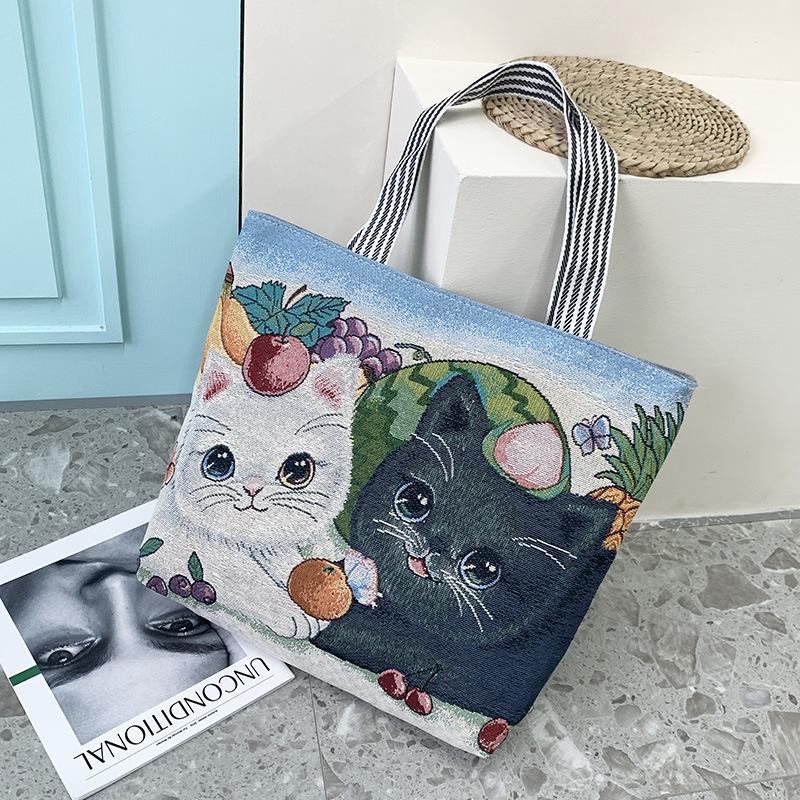 Portable Jacquard Bag Kitten Large Embroidered Canvas Bag Shopping Fashion Shoulder Women's Bag Tote Bag