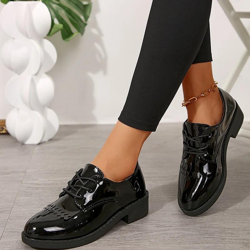 Lucyever Black Patent Leather Loafers Shoes for Women Plus Size Lace Up Office Flat Shoes Women Comfort Low Heels Pumps Ladies