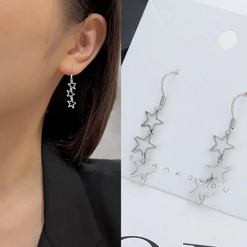 New Fashion Silver Color Pentagram Earrings for Women Charm Hollow Five-pointed Star Stainless Steel Dangle Earrings Jewelry