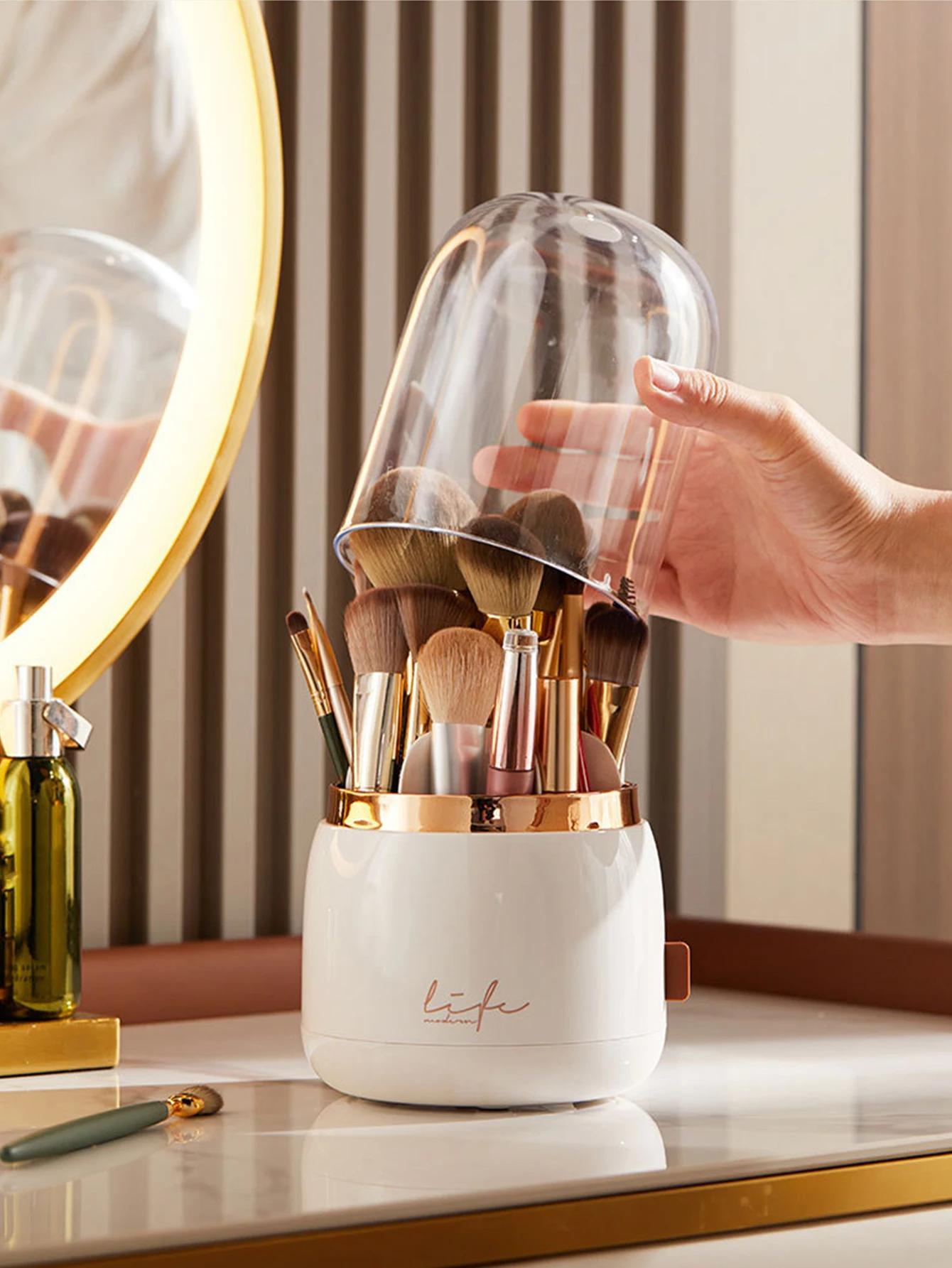 

360 Rotating Transparent Makeup Brush Organizer Desktop Cosmetics Storage Box Bathroom Storage Organizers Student Pen Holder Box білий