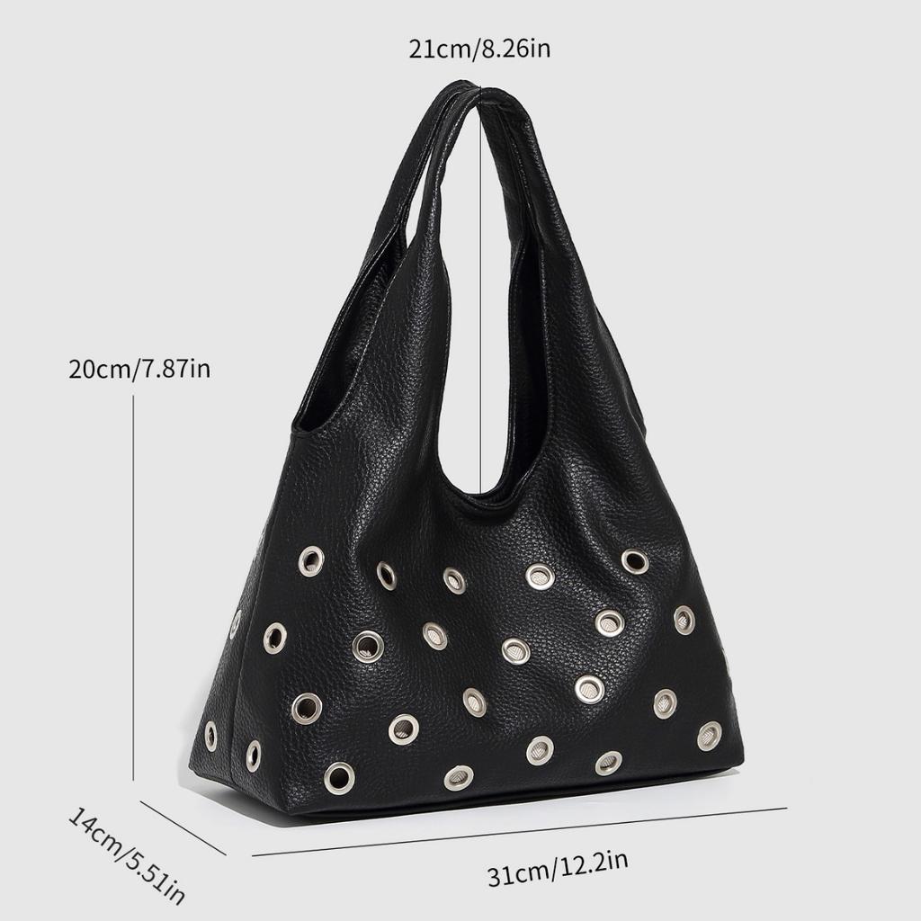 Punk Rivet Women Shoulder Bag Soft PU Leather Tote Bags for Women Handbag Half Moon Hollow Studded Shopper Tote Bucket Bags