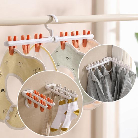 Clothes Drying Rack Small Folding Underwear Hangers with 6 Clips 360 Degree Rotatable Multifunctional Laundry Hanger for Socks Towels Bras Baby