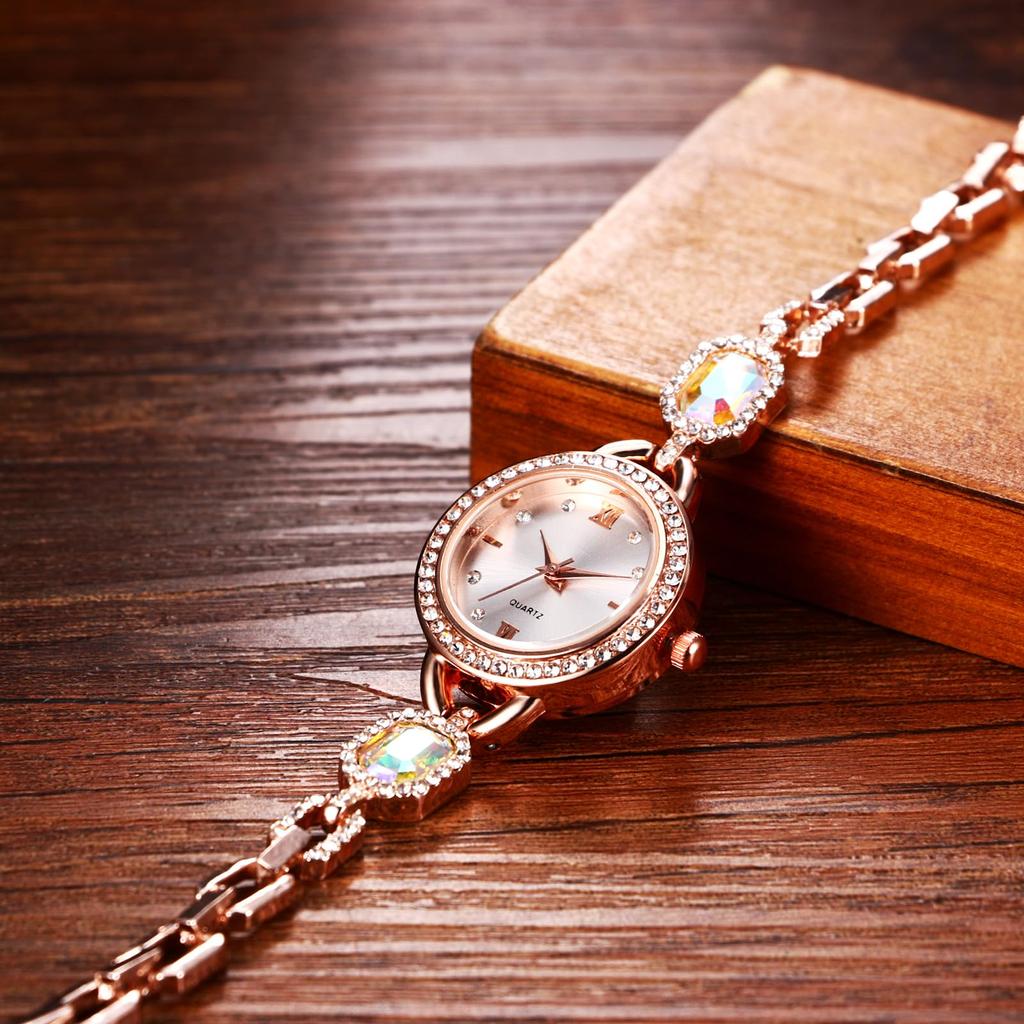 Bracelet Watch with Diamonds and Colored Roman Sunrise Analog Quartz Round Stylish Accessory Day Gift Women's Stones Small, Waterproof, Numerals,