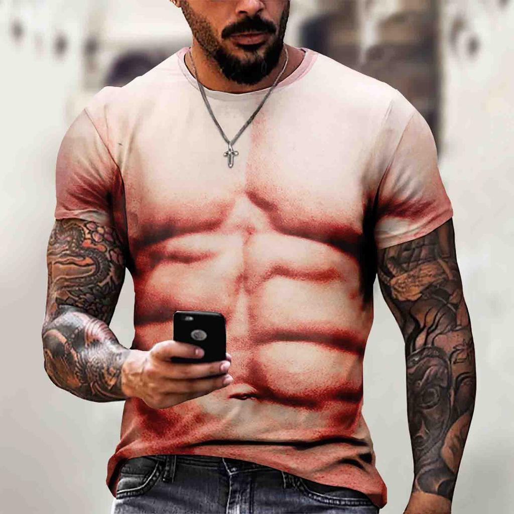 Herren Kurzarm Muscle 3D T-Shirt Bauchmuskel Casual Pullover Kurzarm Top
