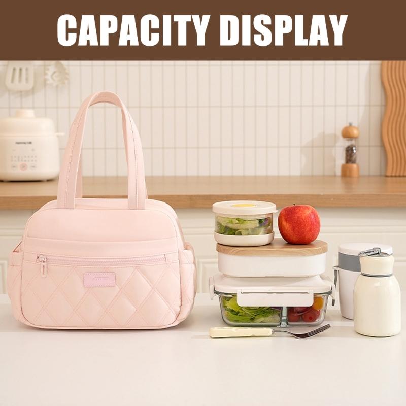 Large Capacity Thermal Lunch Bag With Zippers Front Pocket And Bottle Holders Quilted Handheld Meal Carriers