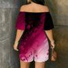 Women Plus Size Off Shoulder Short Sleeve Galaxy Marble Print Romper Loose Fit Side Pockets