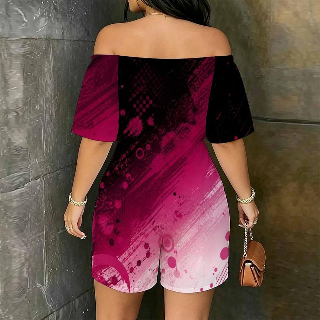 Women Plus Size Off Shoulder Short Sleeve Galaxy Marble Print Romper Loose Fit Side Pockets
