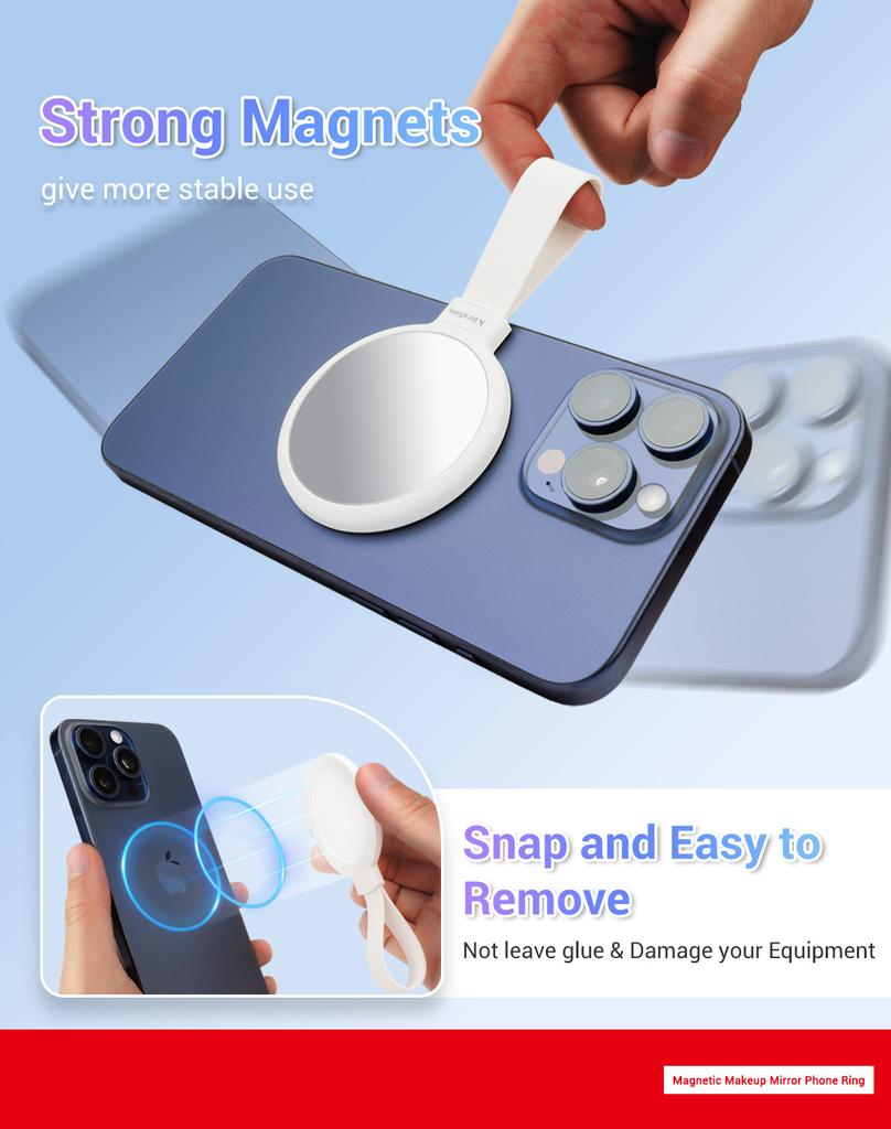 Magnetic Makeup Mirror Phone Ring Holder Selfie Mirror Magsafe with Anti-drop Grip for iPhone 15 14 13 12 for Makeup Vlog Stream