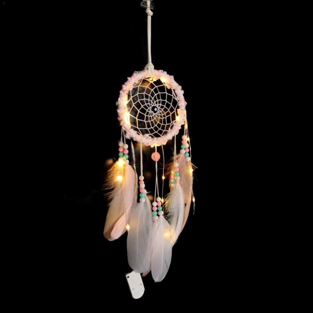 Girl Heart Dream Catcher National Feather Ornaments Lace Ribbons Feathers Wrapped Lights Girls Room Decor Dreamcatcher