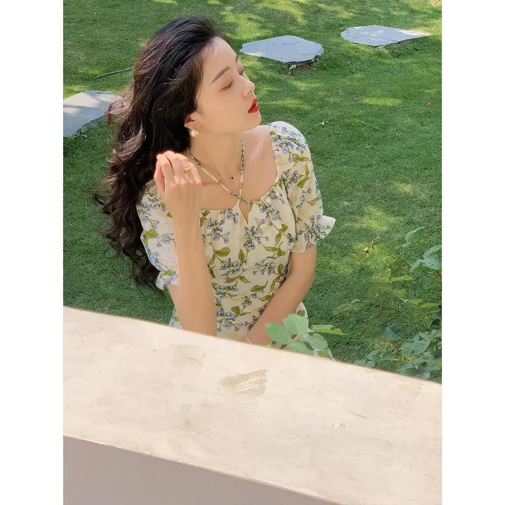 French Tie Floral Dress for Women, New Summer Mid-length High-waisted Slimming Slit Dress, Trendy Wholesale Square Neck