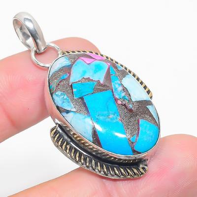 Natural Spiny Oyster Gemstone Two Tone 925 Sterling Silver Pendant 2.09" A2U44