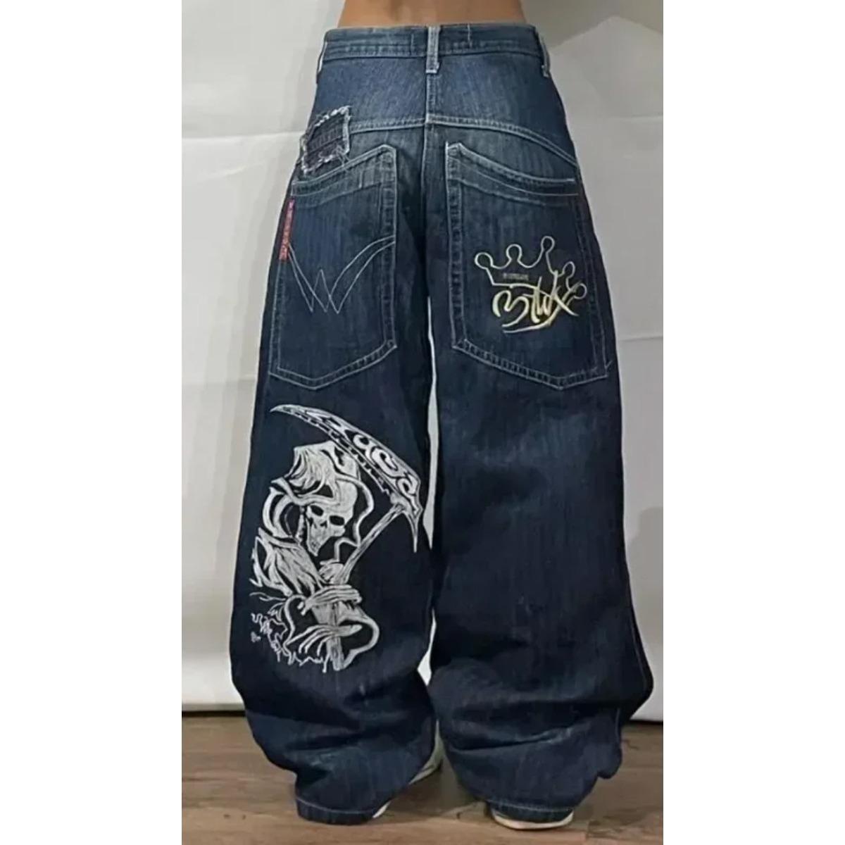 

RogueWave Y2K Модные Ретро Классические Джинсы Прямого Кроя с Карманным Принтом Черепа Американская Готика Выстиранные Джинсы Широкого Кроя Свободные Штаны S