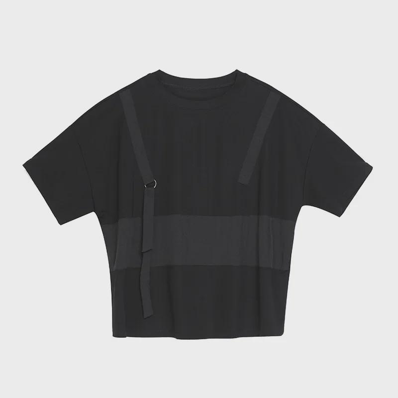 Camiseta de Verano Oscura Patchwork para Mujer Europea y Americana - Cuello Redondo, Corte Holgado, Manga Corta Estilo Trendy