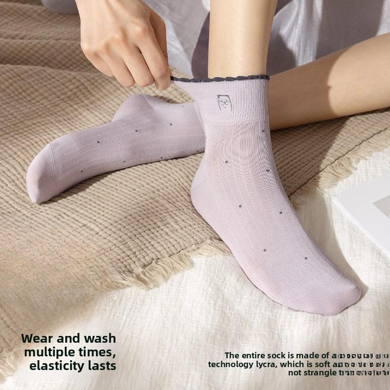 Cotton Sock Children's Style Summer and Spring Pure Cotton Little Dog Embroidered Mid-length Short Tube Breathable Without Bone Earleaf Lace Socks