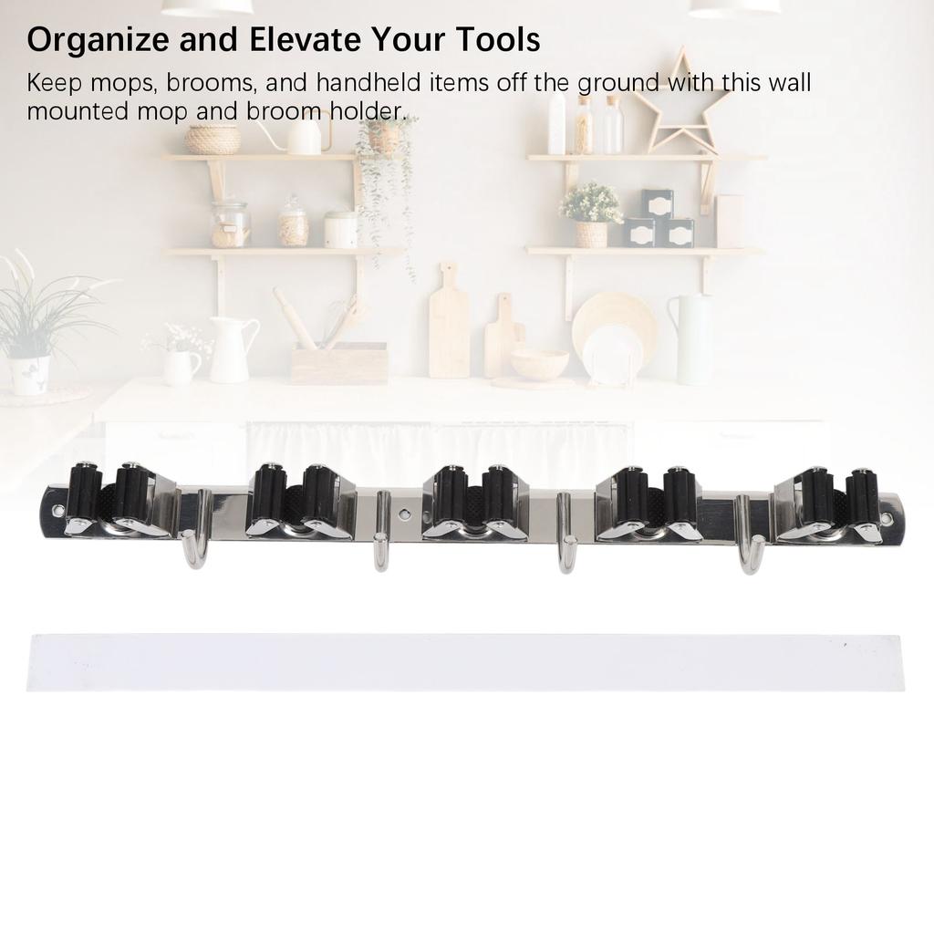 Mop and Broom Holder Wall Mount 304 Stainless Steel 5 Slots 4 Hooks Broom Hanger for Garage Laundry Room Closet Wall