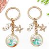 Ocean Drip Keychain: Green Starfish, Conch, Faux Pearl, Round Tag, Alloy Pendant