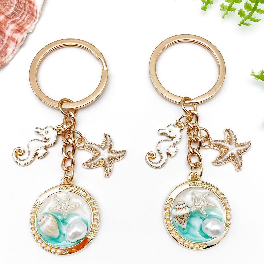 Ocean Drip Keychain: Green Starfish, Conch, Faux Pearl, Round Tag, Alloy Pendant
