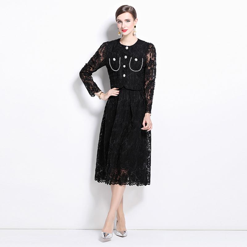 Female Floral Embroidery Two Piece Set Women Suit Elegant OL Long Sleeve Shirt Midi Skirts 2 Piece Outfit